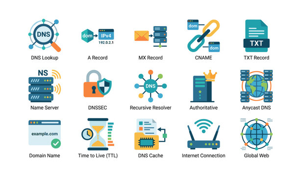 Dns and network icons depicting domain records and resolution