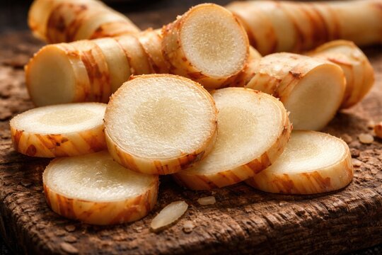 Sliced galangal herb highlighting its unique texture