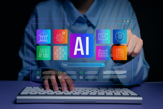 AI Business. AI productivity platform, user interacting with artificial intelligence dashboard and business application icons, workflow automation and digital management concept
