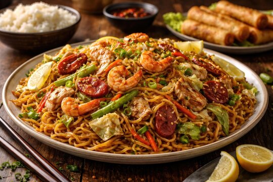 Savory Filipino home cooked pansit chow mein meal