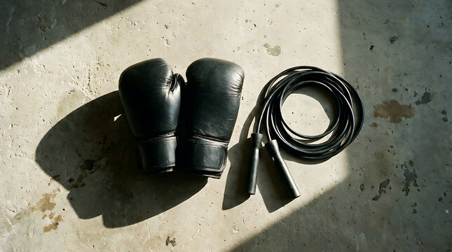 Black boxing gloves and jump rope on concrete floor with sunlight shadow