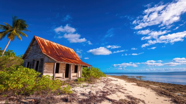 A rustic house with a rusted roof beside a sandy beach under a bright blue sky with clouds