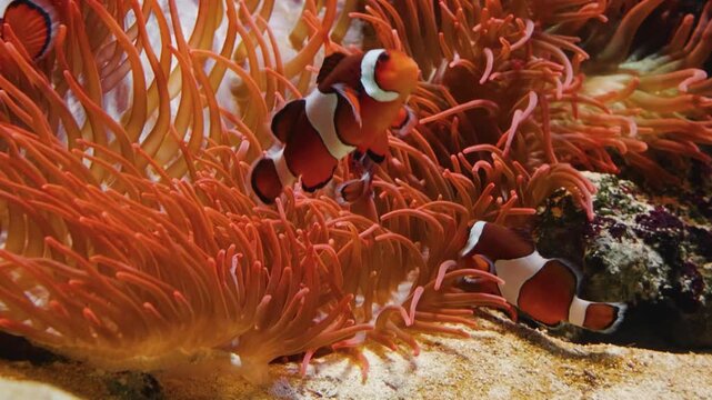 A group of Ocellaris clownfish (Amphiprion ocellaris) swims among the protective tentacles of a magnificent sea anemone (Heteractis magnifica). The vibrant orange and white fish contrast with the deep