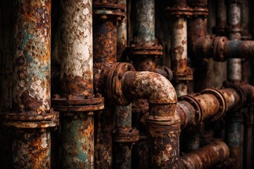 Fototapeta premium Collection of aged pipes showing rust and chipped paint