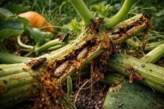 Heavy infestation of squash vine borers on pumpkin vine stems