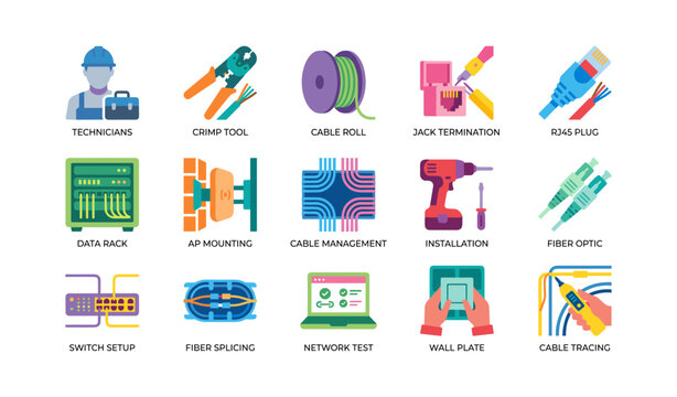 Network installation icons showing tools and cabling on white