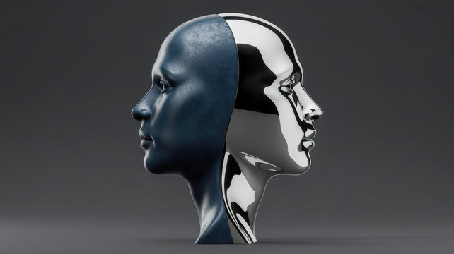 A conceptual sculpture featuring a split head showcasing contrasting matte dark stone and reflective polished silver metallic surface textures