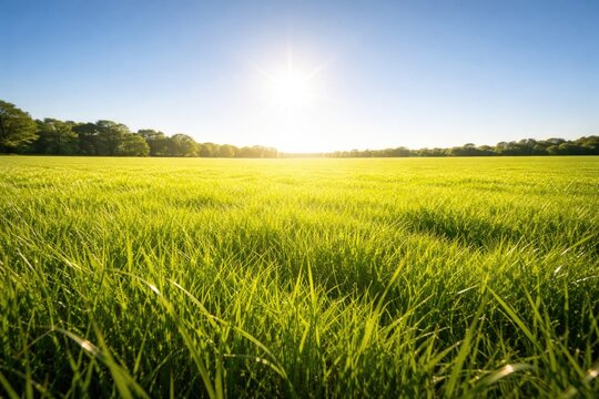 Sunlit green field with vibrant grass and cloudless sky above