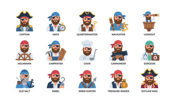 Pirate character icons showing crew roles and costumes on white