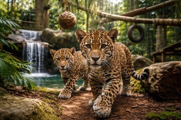 Obraz premium Captive jaguar siblings exploring an enriched enclosure aimed at conservation