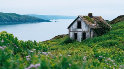Fototapeta premium A weathered, abandoned house sits amidst lush greenery, overlooking a calm, serene ocean vista