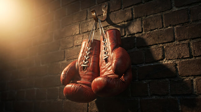 Red boxing gloves hanging on a rustic brick wall with dramatic lighting sports equipment fitness motivation