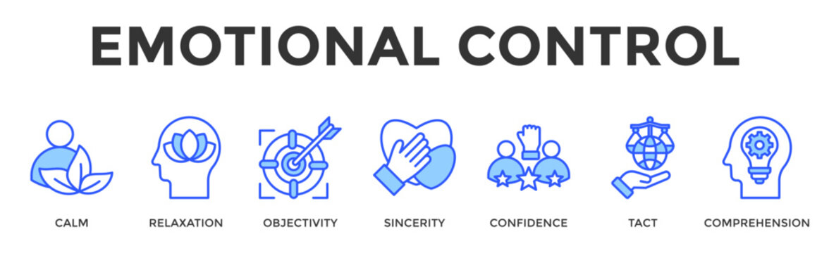 Emotional Control  Banner Web  Icon Set Collection Pack Vector Illustration Concept Containing Calm, Relaxation, Objectivity, Sincerity, Confidence, Tact, Comprehension