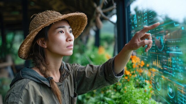 Asian female farmer touching a virtual screen, analyzing soil quality data and ph level charts overlay, agritech innovation concept 
