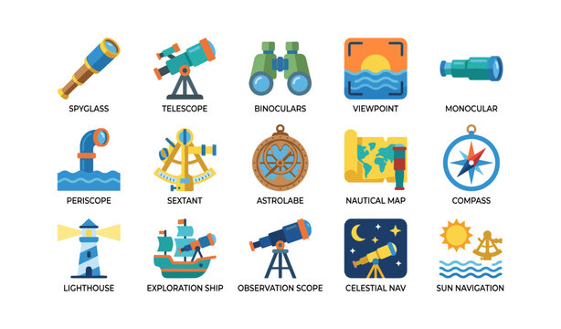 Telescopes and navigation icons with compasses on white background