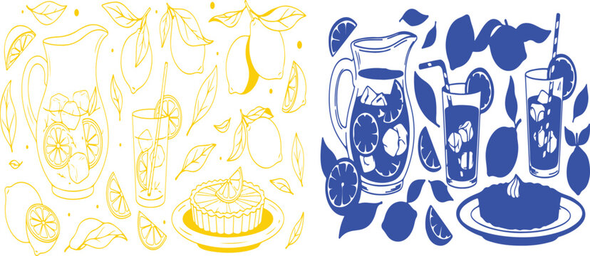 Vibrant illustration of lemons, leaves, and refreshing lemonade with ice cubes in a pitcher and glass, accompanied by a lemon tart on a plate, all in a lively blue and yellow color scheme