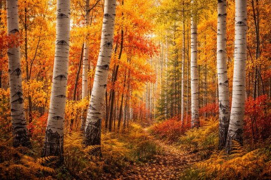 Autumn forest scene featuring white aspen tree trunks and colorful foliage