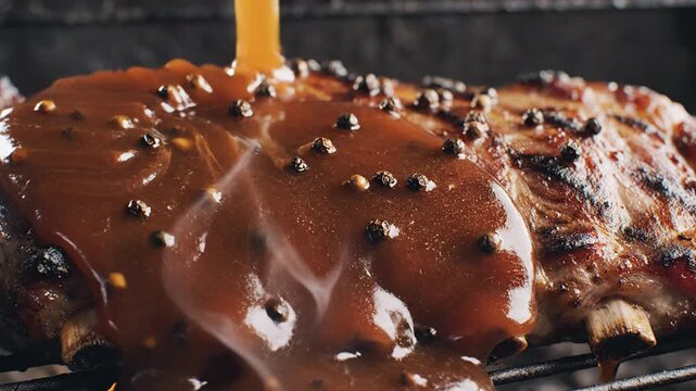 Succulent pork rib coated savory dark sauce, fresh peppercorn, hot barbecue grilling. Delicious appetizing ribs cooked with smoky glaze, generously poured over tender meat. Rich aroma for perfect