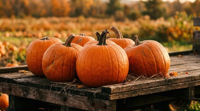 Large harvest pumpkins being transported on a wooden trailer from the patch during a crisp autumn afternoon.