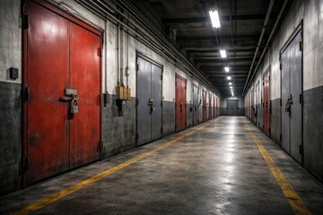 Naklejka premium Industrial warehouse passage with locked red and gray metal doors and copy space