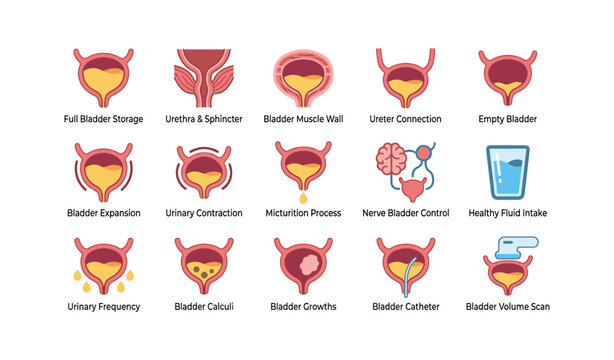 Medical bladder anatomy and urinary condition icons
