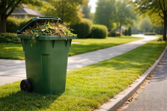 Waste container for garden debris set on residential green grass verge awaiting collection with copy space