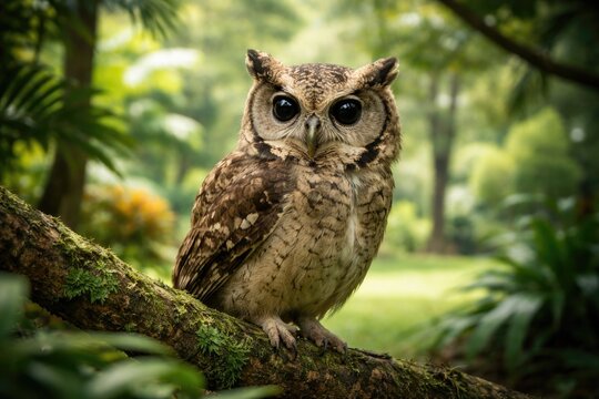 Quiet moment of a collared scops owl in a flourishing green tropical park environment