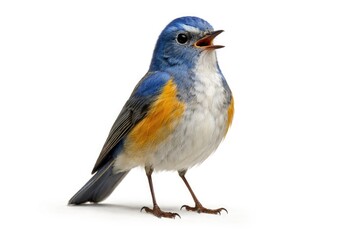 Obraz premium Full body portrait of orange-flanked bush robin expressing happiness on crisp white backdrop