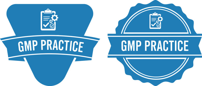 GMP Practice Blue Badge Icons for Quality Assurance and Manufacturing Compliance Certification