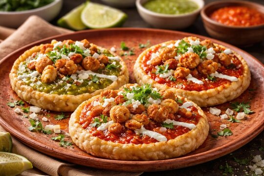 Savory sopes covered in fried chicharron and rich green and red sauce toppings