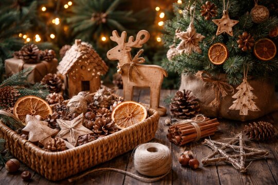 Plastic free eco Christmas ornament concept with natural materials and wooden toy accents