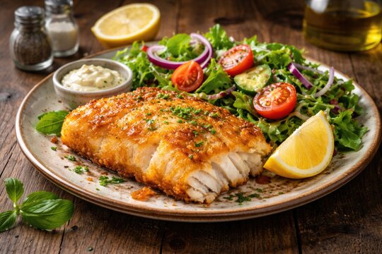 Perfectly cooked fried cod fillet with fresh salad garnish on wooden tabletop