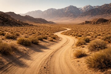 Obraz premium Meandering dusty road across sandy desert terrain framed by remote mountains and a clear sky