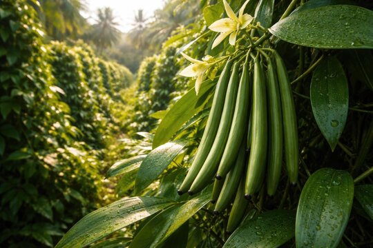 Vanilla beans maturing on green leafy plantation crop