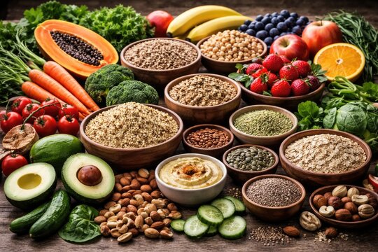 Mixed plant derived edibles featuring grains nuts fruits and organic vegetables