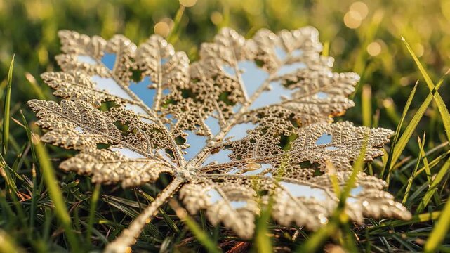 Delicate Skeletonized Leaf Rests on Lush Green Grass in Sunlight.