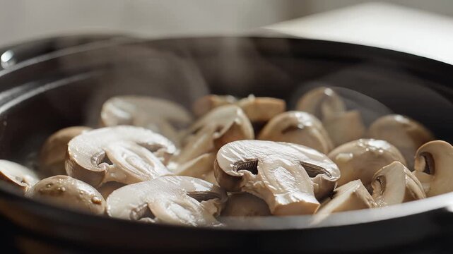 Closeup of Sliced Mushrooms Steaming in a Pan.