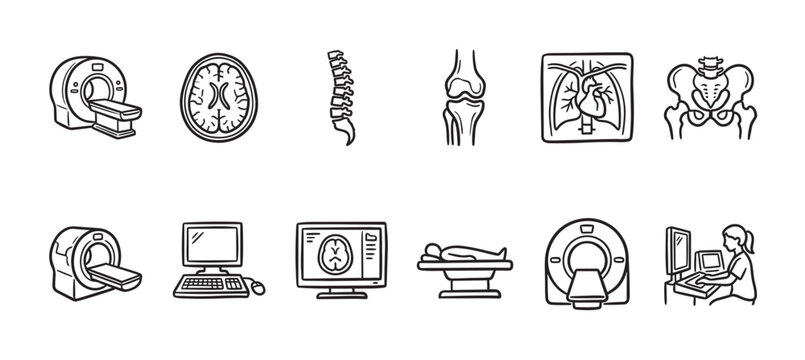 A collection of black and white line art icons depicting medical imaging equipment, human anatomy, and healthcare professionals, suitable for medical and technology concepts.