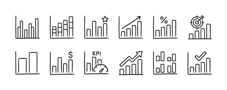 A set of hand-drawn bar chart icons illustrates various business growth and financial concepts like success, targets, and KPIs on a white background.