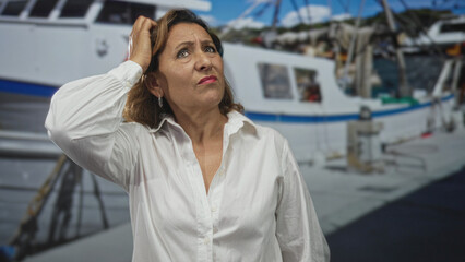 Woman in loose white shirt scratching head by docked boat on street pier wearing hoop earrings  uncertainty. © Krakenimages.com