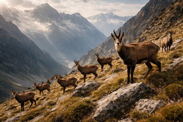 Obraz premium Wild Chamois Herd in High Mountain Slopes