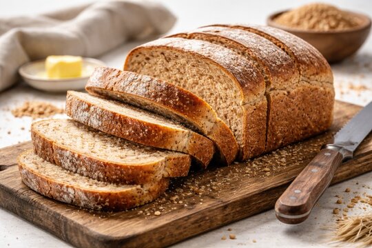 Wheat bread cut into thick slices resting on a wooden bread board white background