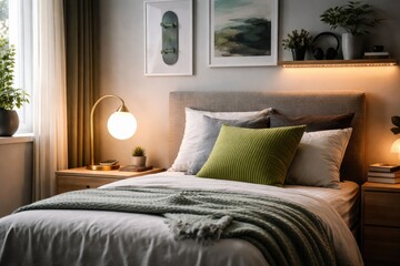 Obraz premium Trendy teen room decorated with a fresh green pillow and elegant contemporary lamp