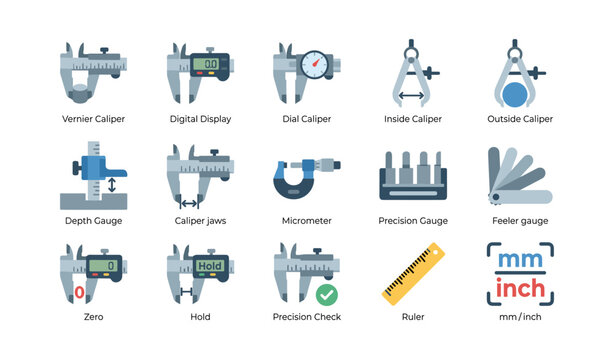 Precision measurement and caliper tool icons displayed in grid