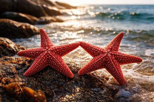 Pair of crimson starfish holding hands close to seaside rocks