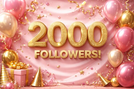 Milestone celebration banner showcasing 2000 followers adorned with pink and gold festive elements