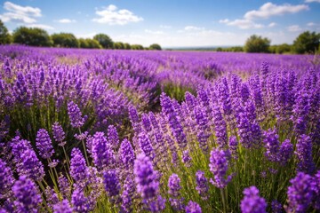 Obraz premium Lavender flower field in full bloom showcasing vibrant purple wildflowers on a sunny day