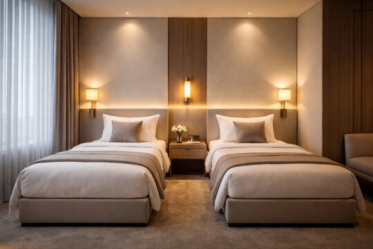 Sophisticated hotel room design with two single beds minimalist bedside furniture and cozy lamp ambience