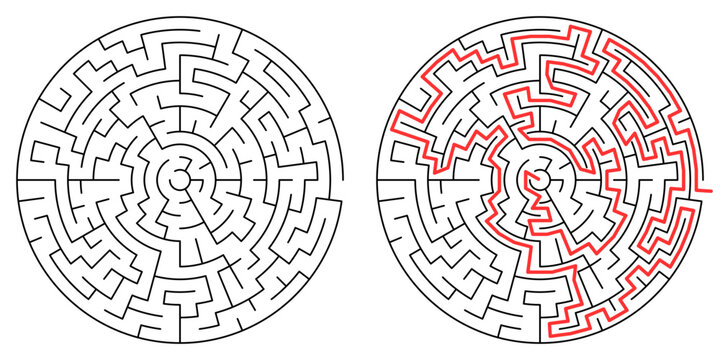 Round maze puzzle with red highlighted winding solution path