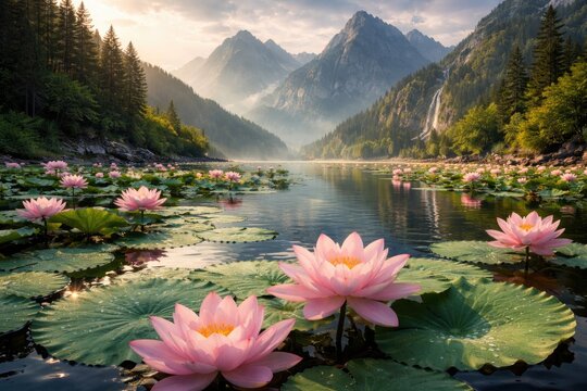 Scenic lake filled with blossoming lotus flowers and dramatic mountain vista